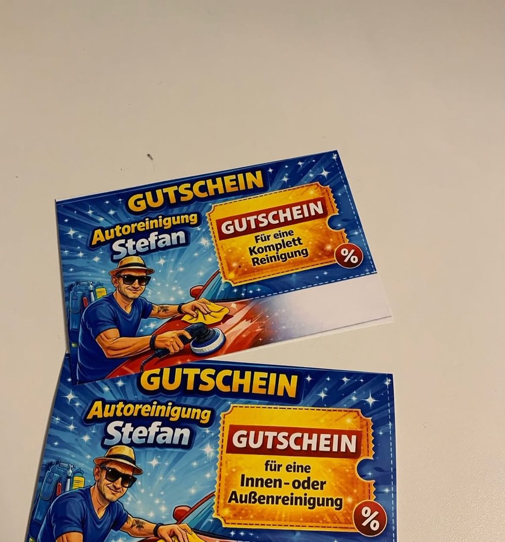 Echte Gutscheine von Autoreinigung Stefan für eine Komplettreinigung sowie für eine Innen- oder Außenreinigung